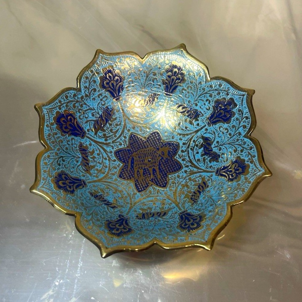 Indian brass Blue & Gold Floral Scalloped Metal Decorative Bowl 6" footed